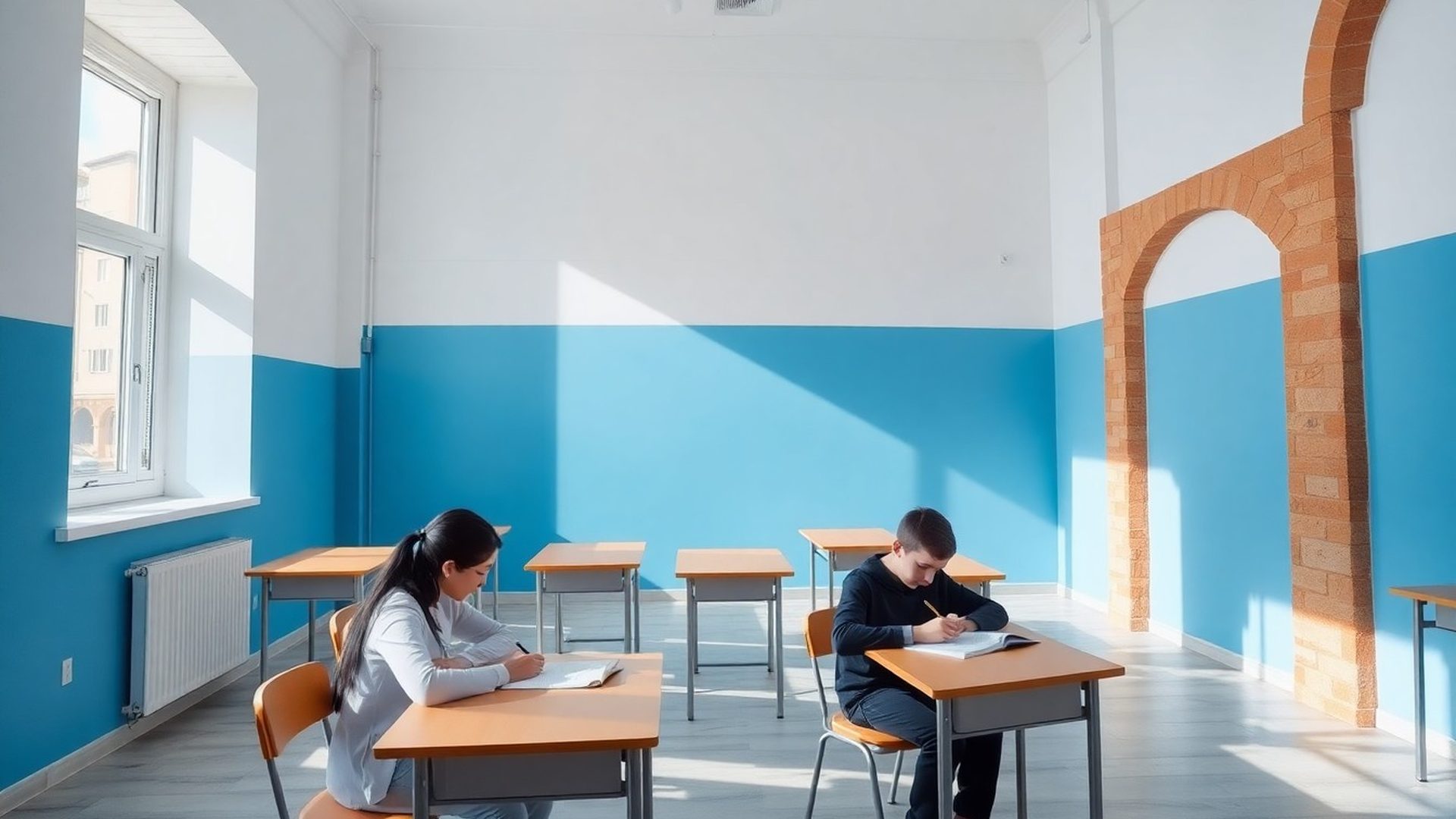 Svijetla učionica u Splitu s azurnim naglascima i kamenim detaljima